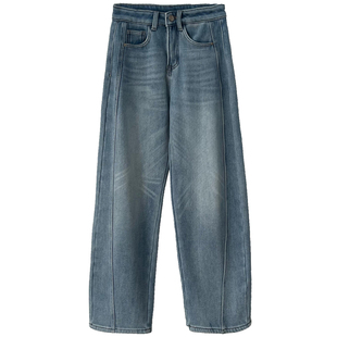 高腰显瘦加厚加绒弯刀牛仔裤女冬季梨型身材裤子宽松直筒阔腿裤