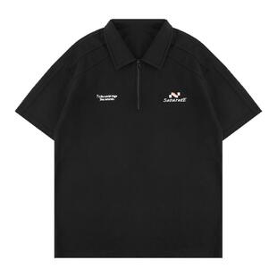 @港仔文艺男280g重磅灰色半拉链短袖T恤男夏季刺绣宽松polo衫上衣