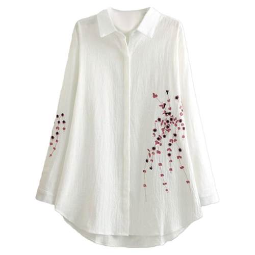 大码女装2025胖mm秋装棉麻衬衫女宽松大码长袖绣花衬衣中长款上衣