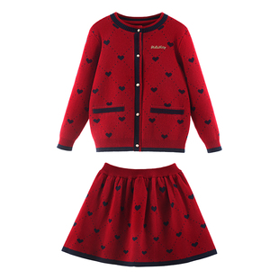 女童套装儿童春秋新款裙子大童秋冬红色纯棉毛衣针织外套裙子童装