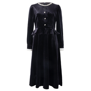 衣纱布菲舞画2025冬装新款年会派对丝绒连衣裙纯色小黑裙长袖圆领