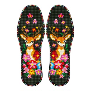 新款黑金色卡通梅花鹿七层纯棉布花边十字绣鞋垫半成品自己绣印花