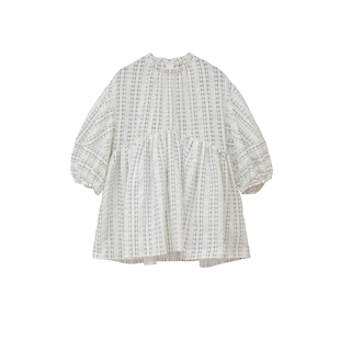 日本CLANE松本惠奈新款日系泡泡短袖宽松立领透视小格子衬衫女
