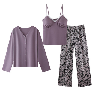 芬腾可安睡衣女款春秋季纯棉女士长袖三件套带胸垫紫色家居服冬天