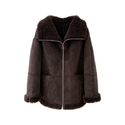 麂皮绒皮毛一体中长款皮草夹克女