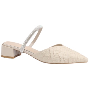 法式后空凉鞋女夏季水钻包头高跟半拖尖头粗跟穆勒鞋外穿一字钻带