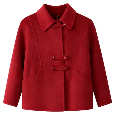 红色双面羊绒大衣女2025秋冬新款加厚保暖羊毛风衣妈妈毛呢短外套