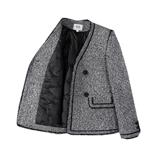 她池小香风羽绒外套2025冬季新款女装通勤简约气质V领宽松款上衣