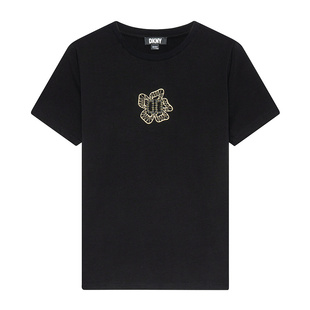 DKNY唐可娜儿春夏季短袖T恤女圆领亮丝花朵字母刺绣纯色正肩上衣