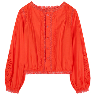 落落狷介纯棉衬衫女2025年新款设计感长袖刺绣镂空上衣短款橘红色