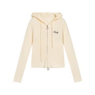 紫涵连帽双开拉链米白毛衣开衫女秋季新款修身显瘦刺绣针织衫上衣