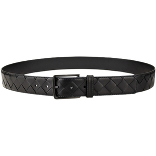 新款头层小牛皮男士编织腰带男真皮针扣商务百搭大格编制皮带bv95