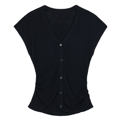 辰米范 色彩曲线 经典v领小飞袖上衣女短款褶皱收腰短袖针织t恤