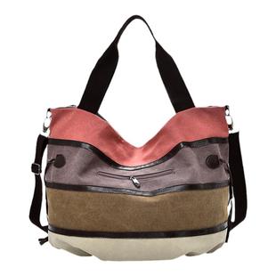 满江红2023新款帆布女手提包时尚撞色单肩斜挎包大容量复古拼接包