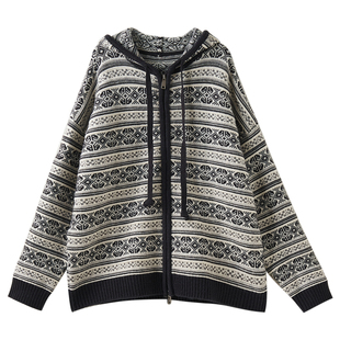 女大童复古针织开衫2025冬季新款青少年费尔岛时尚连帽厚毛衣外套