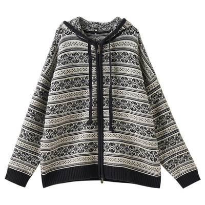 复古提花费尔岛连帽针织毛衣开衫