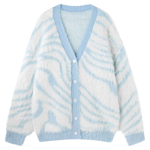 BJHG不计后果 斑马纹V领毛衣男冬季仿貂毛潮牌针织开衫情侣毛衣女