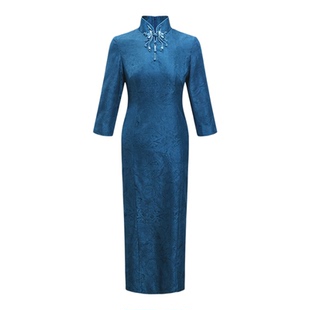 黛玛诗重工盘扣立领旗袍女新中式秋季新款国风优雅真丝连衣裙蓝色