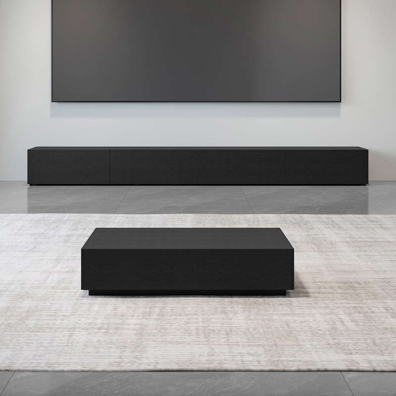 黑色茶几简约现代双抽屉储物实木小户型客厅家用茶几柜桌极简茶几