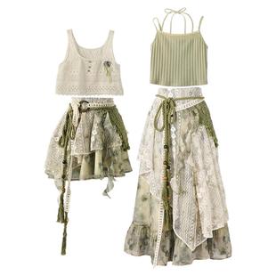 森女部落原创设计感波西米亚蕾丝拼接度假套装裙子度假海边半身裙