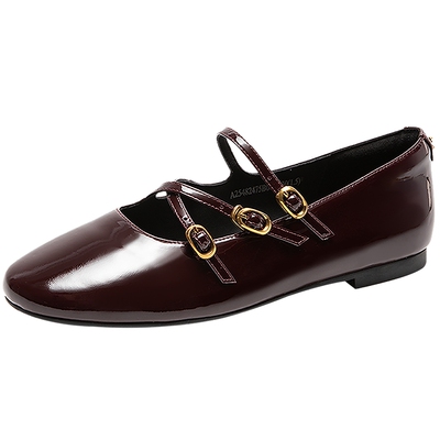 千百度漆皮薄底玛丽珍鞋女百搭气质新款牛皮低跟晚晚风平底单鞋