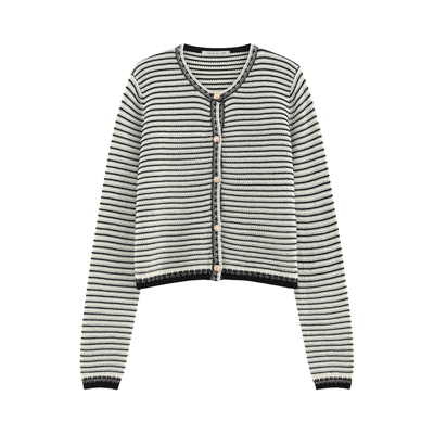 复古条纹V领显瘦毛织开衫