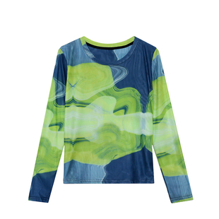 欧货潮流扎染印花网纱长袖T恤上衣女2025秋季新款百搭晕染打底衫