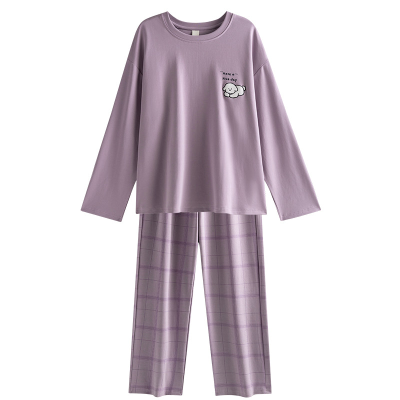 秋冬季新款加厚莱卡棉睡衣女长袖纯棉格子外穿中老年家居服女套装