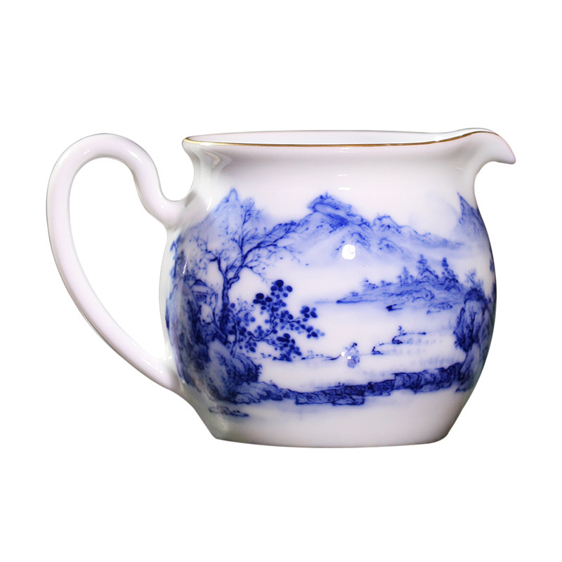 自慢堂手绘青花山水有耳低茶盅茶海公道杯手工分茶器陶瓷茶具
