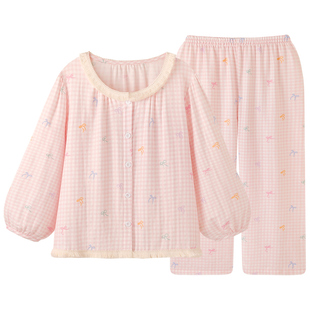 【桃花朵朵】甜美纯棉睡衣女春秋超柔软棉纱长袖家居服可外穿套装