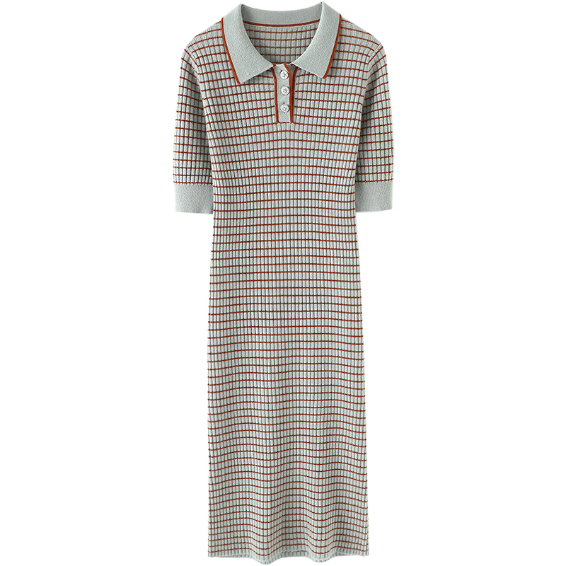 这个版美到炸~春夏条纹纯羊绒连衣裙女五分袖羊绒衫中长款裙子