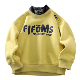 男童秋冬半高领加绒卫衣儿童时尚假两件上衣中大童加厚保暖打底衫