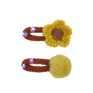 韩系姜黄色毛线花朵毛球发夹宝宝发夹可爱超萌bb夹秋冬新款发饰