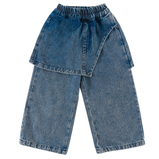 儿童阔腿牛仔裤秋冬装女童抓绒假两件2025新款春秋季男童宝宝裤子