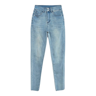 轻暖薄绒蜜桃臀小脚靴裤加绒两粒扣高腰牛仔裤女显瘦丰臀紧身裤子