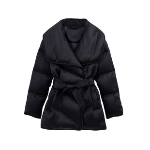 【95白鹅绒】泇汐娅2025新款可拆卸腰带醋酸混纺大翻领羽绒外套