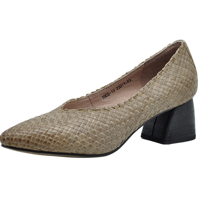 编织女鞋尖头粗跟鞋浅口中跟单鞋