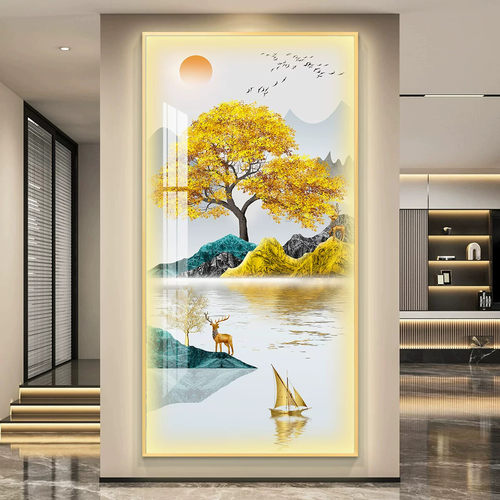 led带灯入户进门玄关装饰画竖版简约现代挂画壁画走廊过道山水画