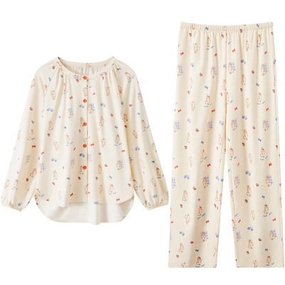 红豆居家柔柔棉春秋季纯棉睡衣女长袖可爱无领全棉柔软家居服套装