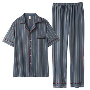 睡衣男夏季纯棉短袖长裤男士夏天薄款全棉男款大码夏款开衫家居服