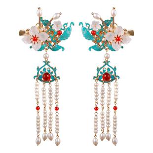 仿烧蓝额头发饰古风流苏边夹旗袍汉服明制宋制头饰侧耳发夹对夹