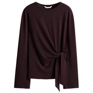 HM女装T恤春季长袖内搭系带设计礼服红色上衣1310088