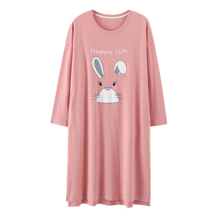 睡衣女春秋季长袖纯棉加大码胖MM200斤中长款睡裙宽松简约家居服
