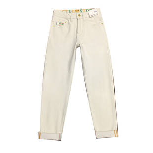 米白色牛仔裤男款夏薄款九分裤刺绣欧版潮流高端弹力修身小脚长裤