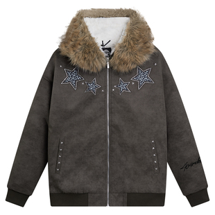 404MOB超厚加绒蜡染做旧烫钻豹纹刺绣厚外套座山雕大毛领棉衣夹克