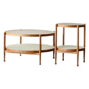 原木风日式实木长虹玻璃茶几客厅家用樱桃木色藤编圆形沙发边几桌