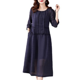 香妮芬高端苎麻连衣裙女2025新款秋季高贵优雅妈妈宽松大码休闲裙