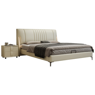 政府补贴蓝色理想极简主卧真皮床带感应灯高端家用1.8米双人软床