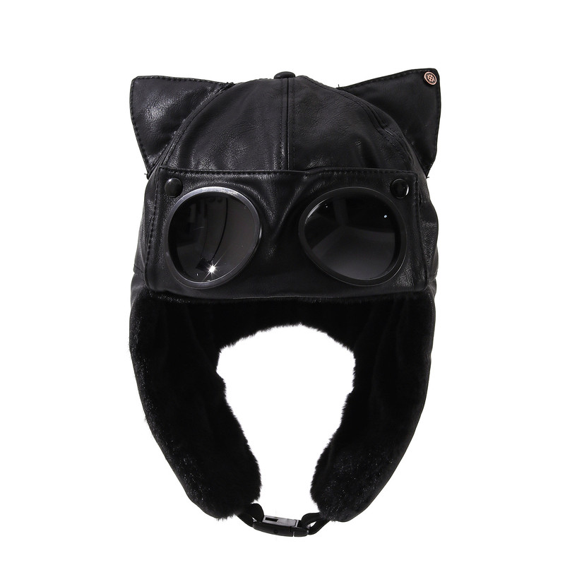 复古猫耳朵皮质飞行员帽子男女冬季保暖护耳帽户外骑车防风雷锋帽
