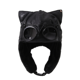 复古猫耳朵皮质飞行员帽子男女冬季保暖护耳帽户外骑车防风雷锋帽